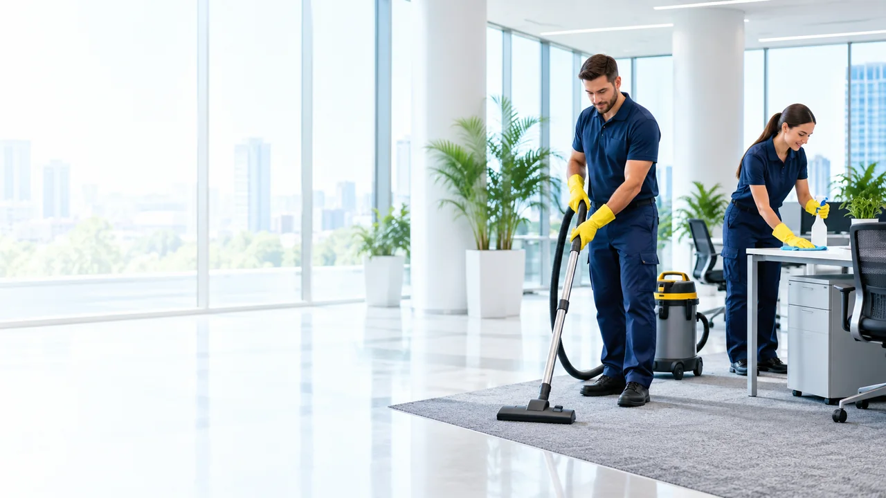 DELLA CLEANING team vacuuming an office and wiping a desk