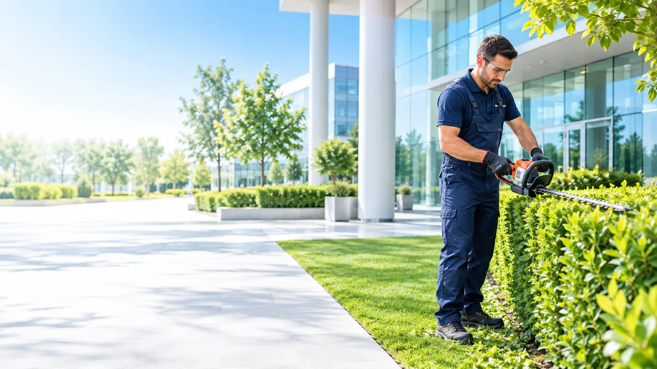 Gardener trimming a hedge in front of an office building