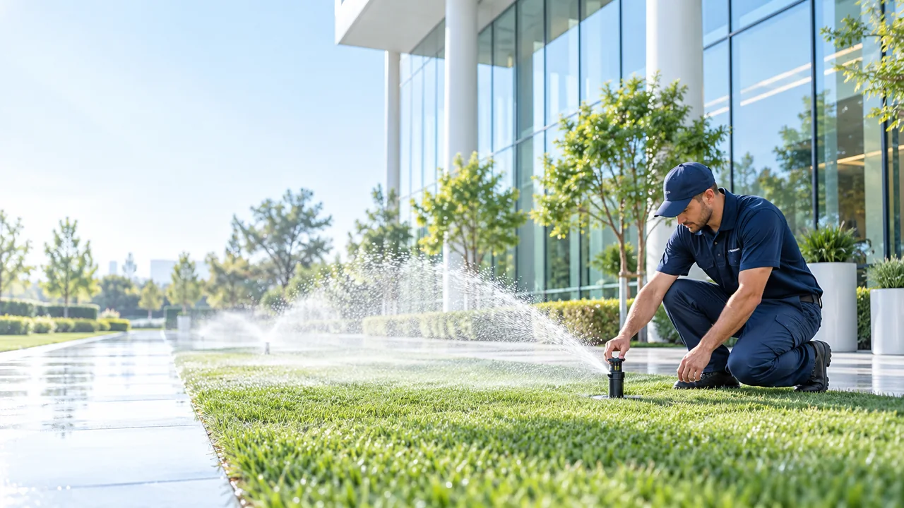Technician adjusting a sprinkler head on a lawn