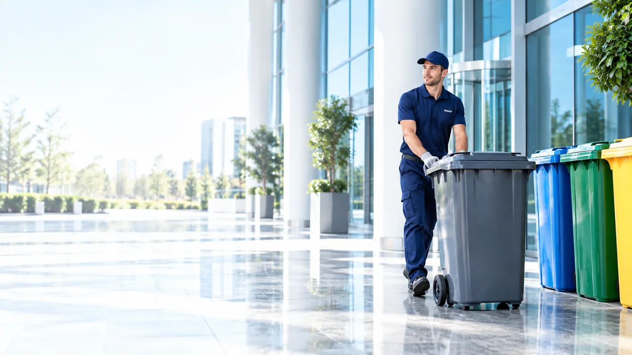 Worker moving a waste container beside colour-coded recycling bins